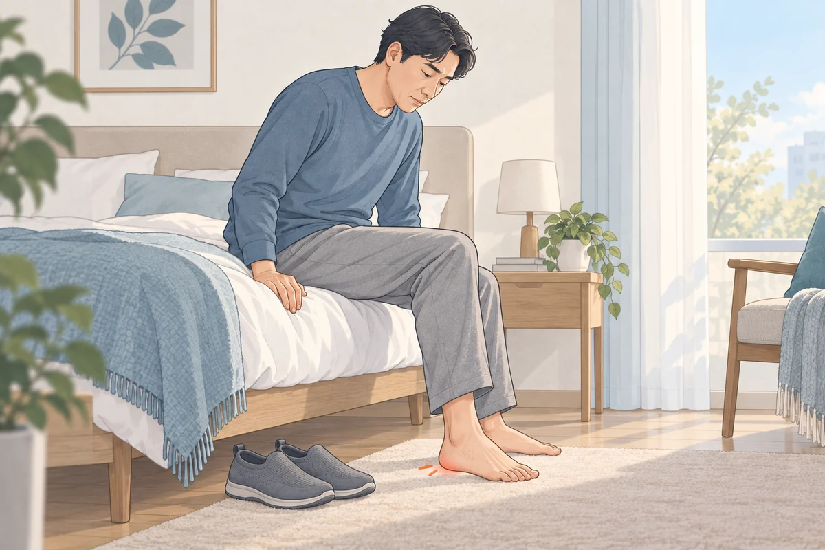 아침 첫발을 디딜 때 뒤꿈치가 불편한 모습