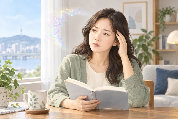 책을 보다가 번쩍이는 시각 증상을 느껴 잠시 멈춘 모습