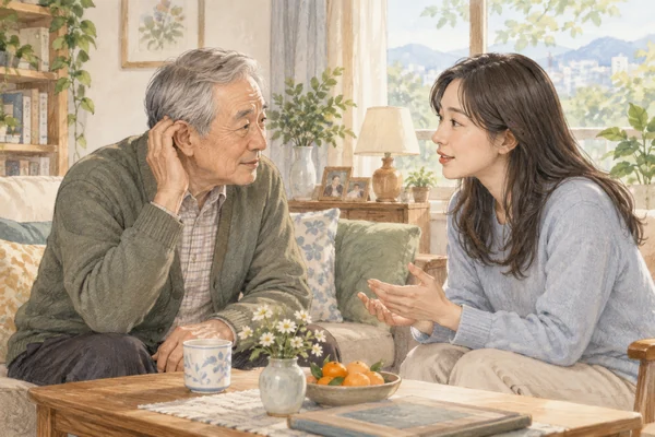 고령의 아버지와 딸이 조용한 거실에서 얼굴을 마주 보며 대화하는 모습