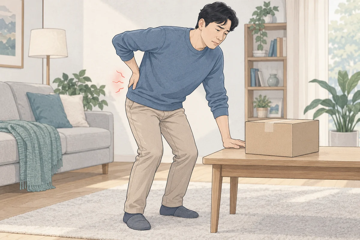 상자를 들던 중 허리가 불편해 잠시 멈춘 모습