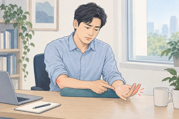 팔꿈치 자세와 새끼손가락 저림을 살피는 사람