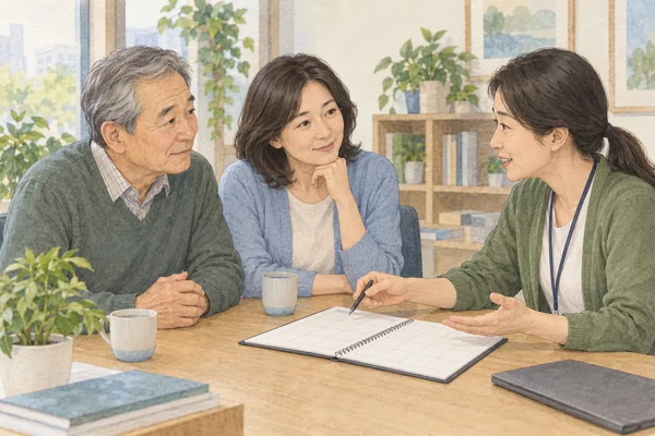 돌봄 일정과 필요한 도움을 상담하는 가족