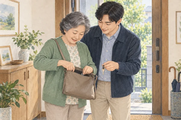 외출 준비와 소지품을 가족과 함께 확인하는 어르신