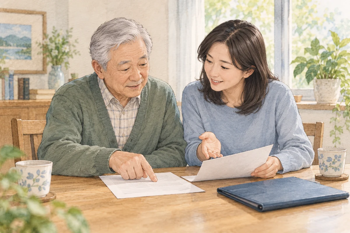 장기요양 신청 준비 서류를 함께 살펴보는 부모님과 자녀
