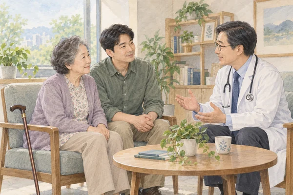 돌봄과 치료의 필요성을 의료진과 의논하는 가족