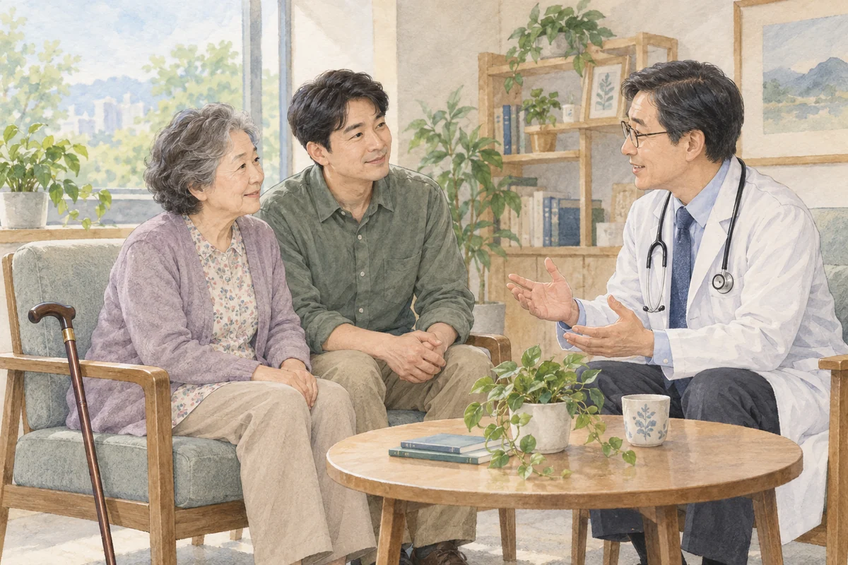 돌봄과 치료의 필요성을 의료진과 의논하는 가족