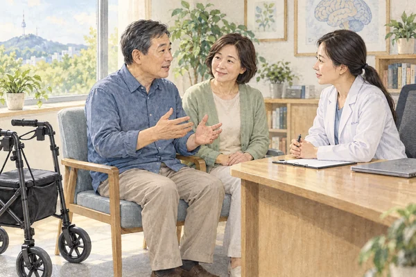 보행에 도움이 필요한 중년 환자가 진료를 상담하는 모습