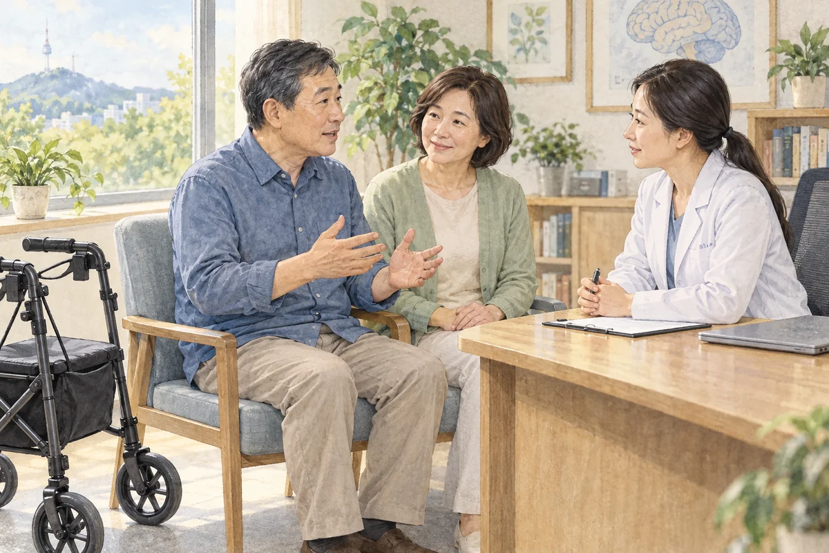 보행에 도움이 필요한 중년 환자가 진료를 상담하는 모습