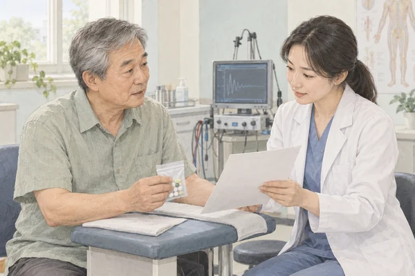 신경검사를 앞둔 남성이 의료진에게 복용약 목록을 보여주는 모습