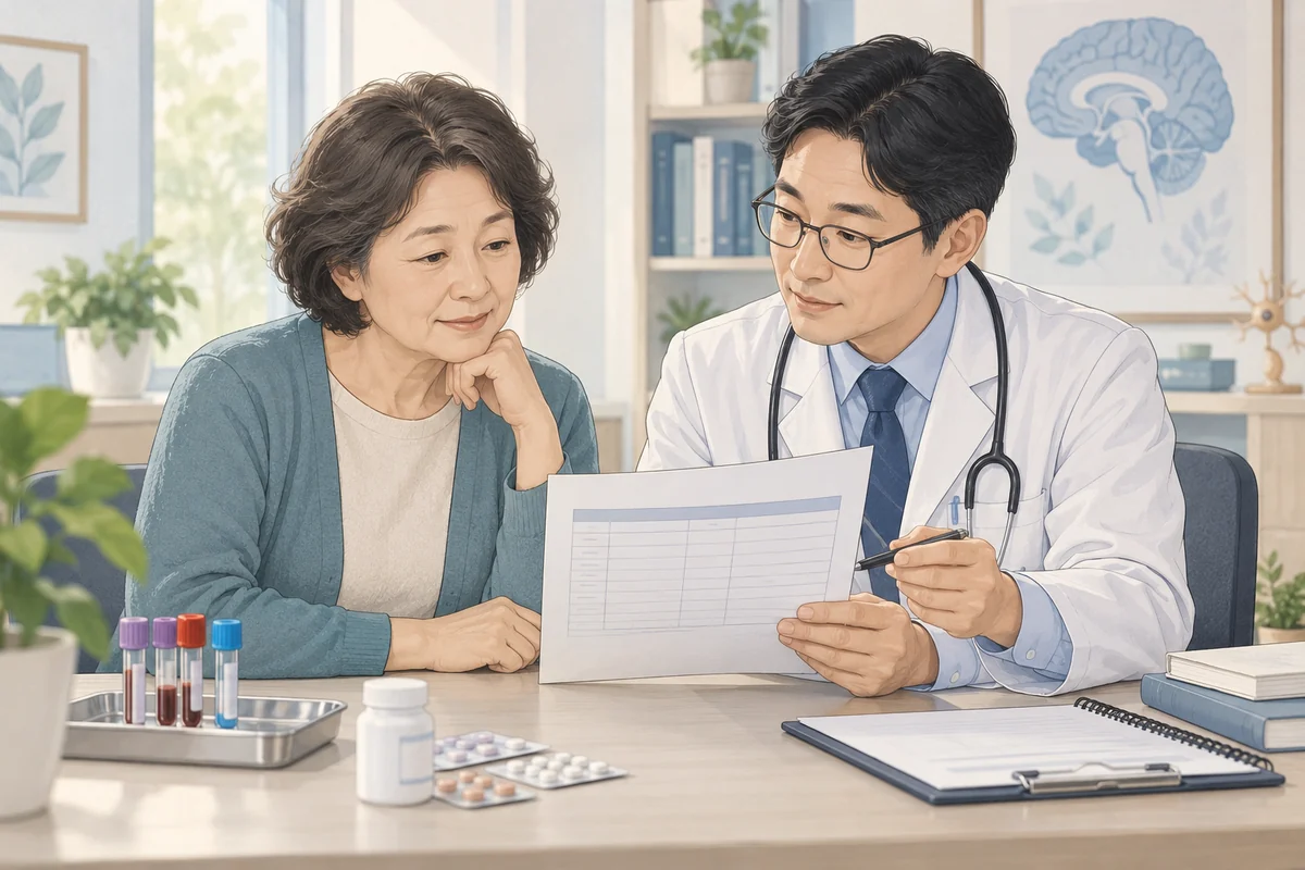 기억력 저하 평가에서 혈액검사와 복용약을 확인하는 모습