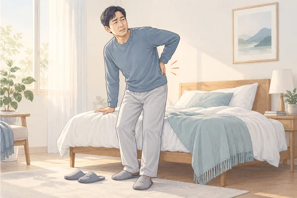 아침에 일어나 허리의 뻣뻣함을 살피는 사람