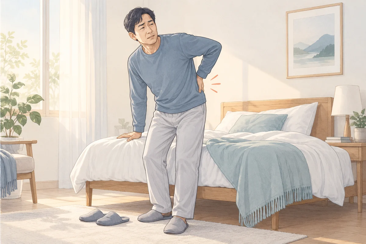 아침에 일어나 허리의 뻣뻣함을 살피는 사람
