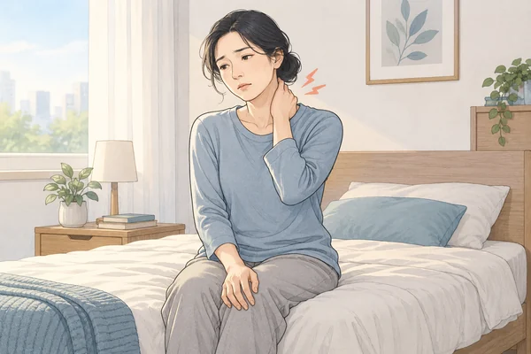 잠에서 깬 뒤 목의 불편과 베개를 살피는 사람