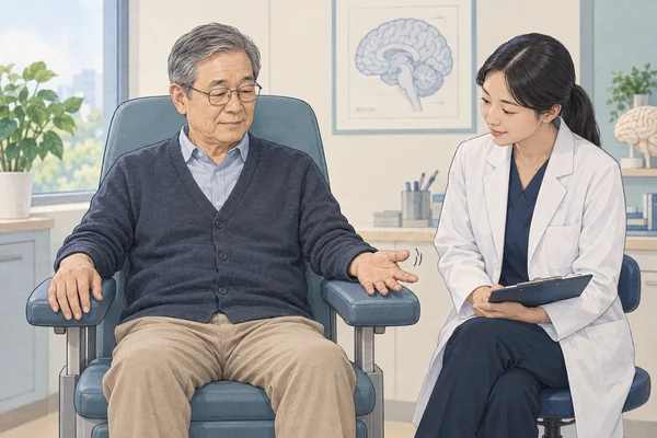 편하게 놓인 손의 떨림을 진찰하는 모습