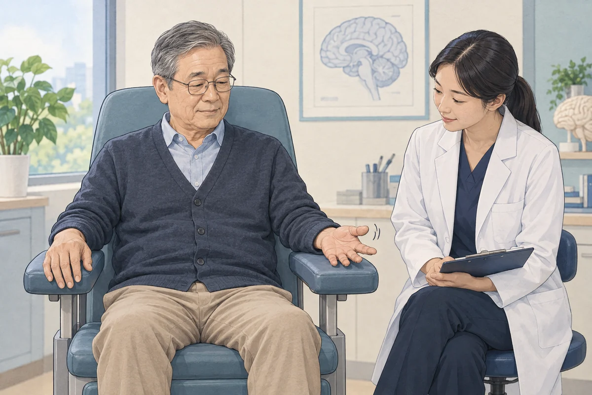 편하게 놓인 손의 떨림을 진찰하는 모습