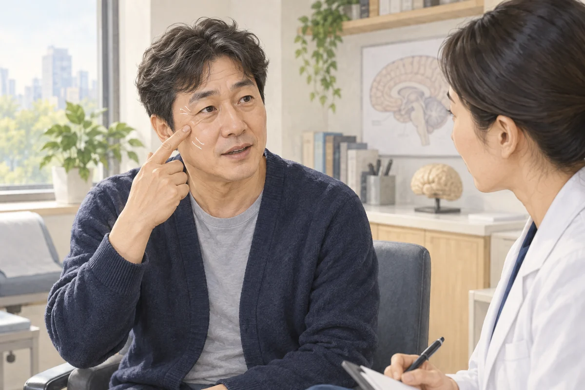 한쪽 눈과 볼 주변의 떨림을 의료진에게 설명하는 모습