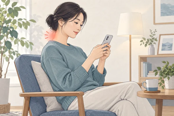 스마트폰을 사용할 때 목과 어깨의 부담을 살피는 모습