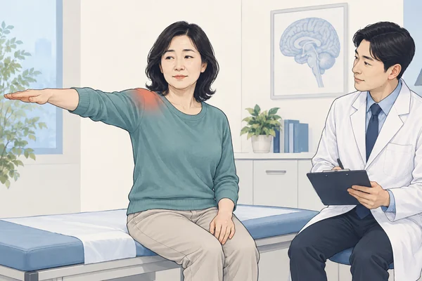 팔을 올릴 때의 어깨 움직임을 진찰하는 모습