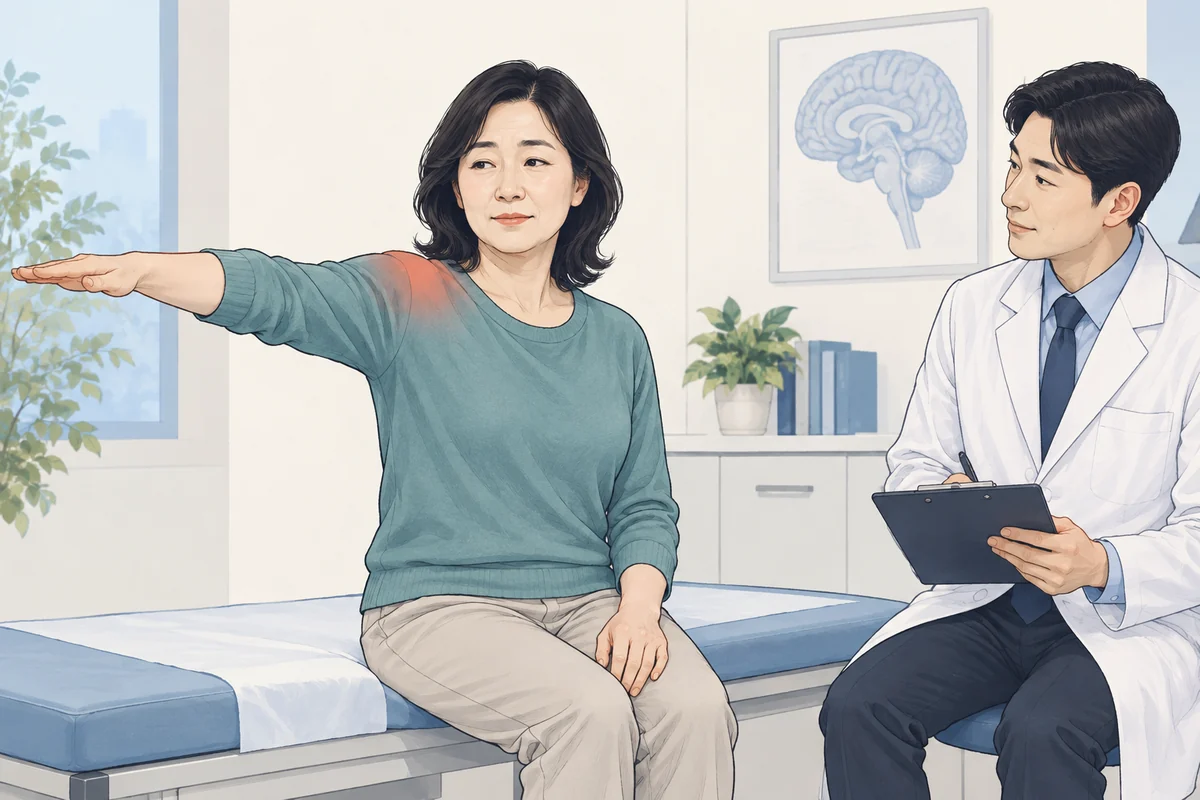 팔을 올릴 때의 어깨 움직임을 진찰하는 모습