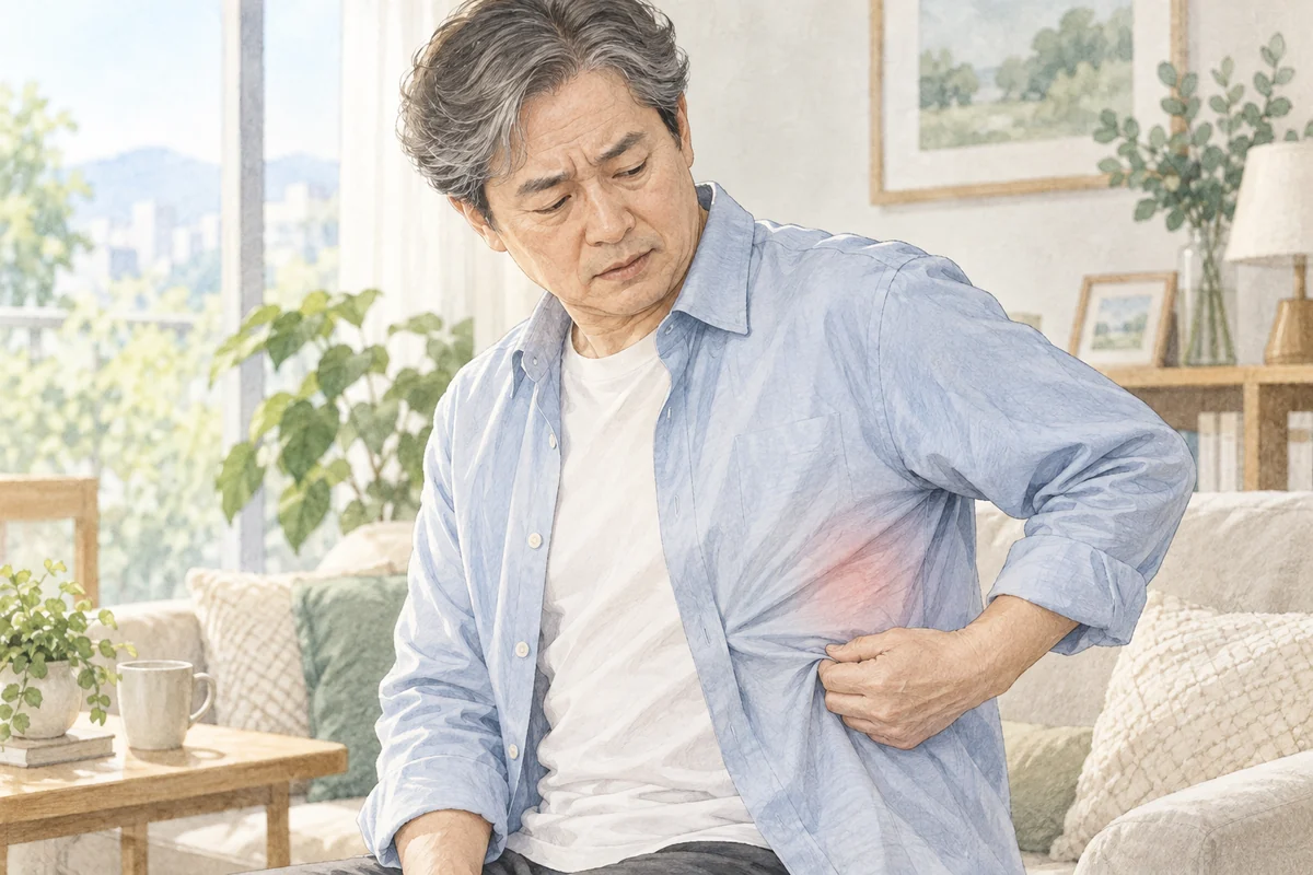 옆구리의 불편감 때문에 헐렁한 셔츠를 몸에서 살짝 떼는 고령 남성
