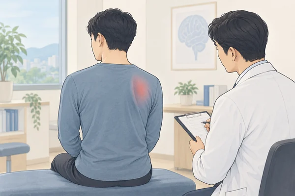 날개뼈 안쪽의 통증 위치를 표현한 모습