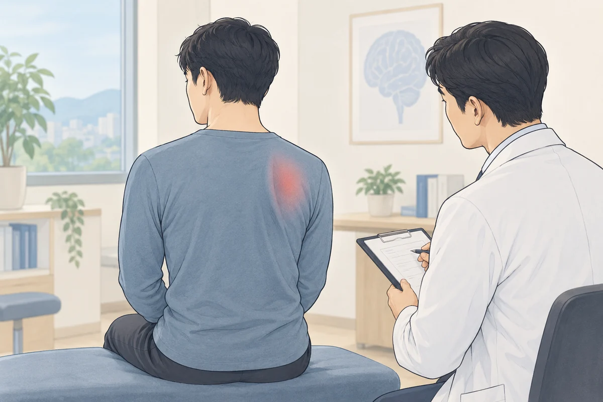 날개뼈 안쪽의 통증 위치를 표현한 모습