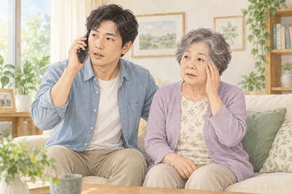 갑작스러운 시야 변화가 있는 어머니 곁에서 아들이 긴급 도움을 요청하는 모습