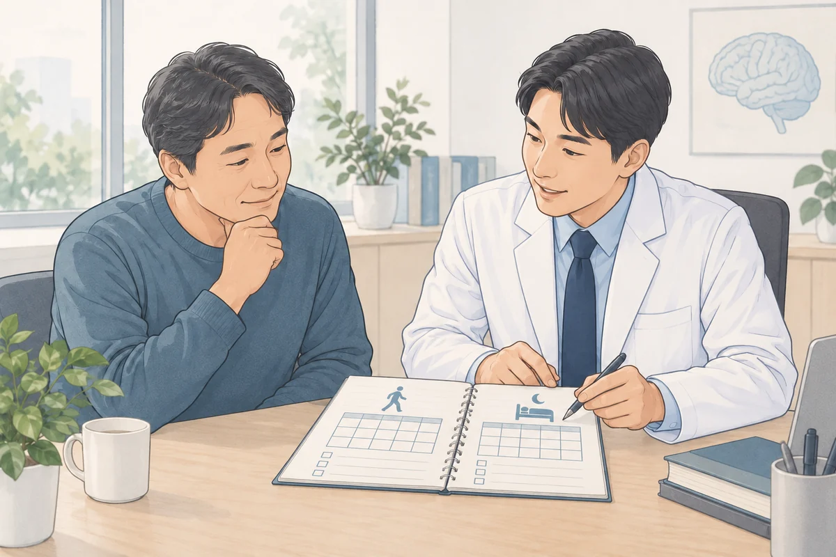 주사치료 후 통증과 생활 기능의 변화를 상담하는 모습