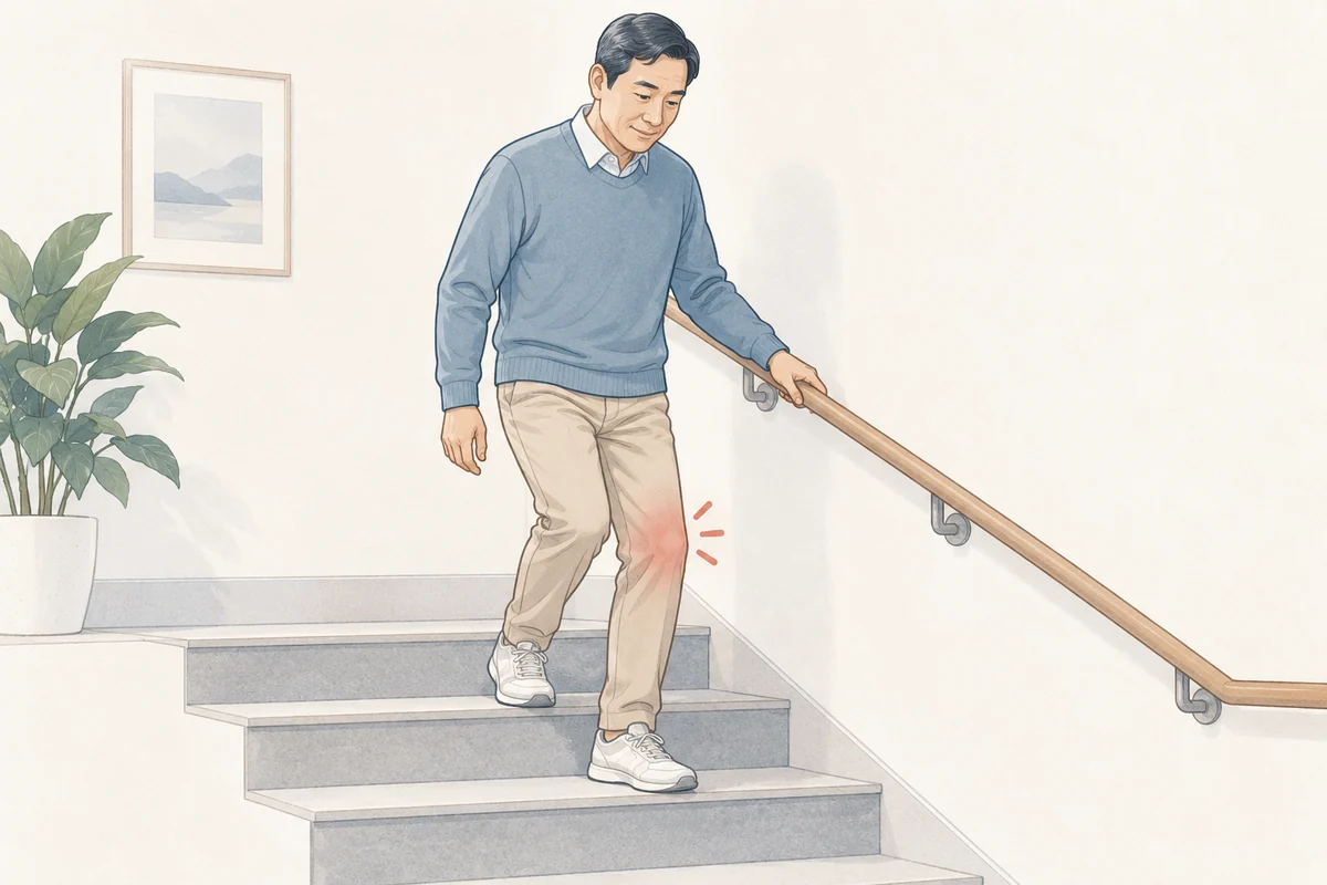 난간을 잡고 계단을 내려가며 무릎을 살피는 사람