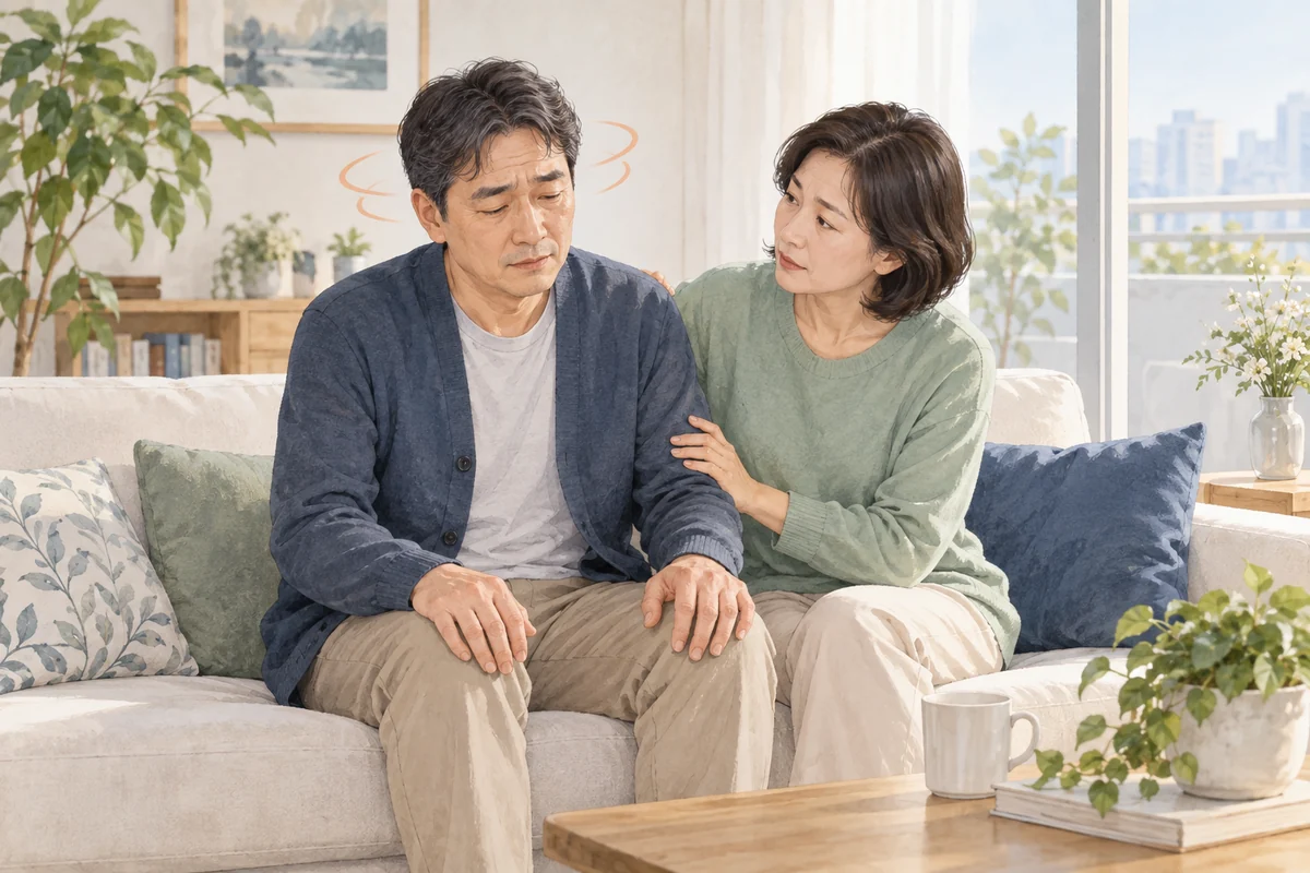 일어선 뒤 어지러워 다시 앉아 가족의 도움을 받는 모습