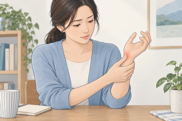 엄지 쪽 손목의 통증 위치를 살피는 모습