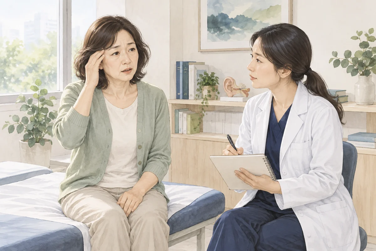 이석증 치료 후 남은 어지럼을 의료진에게 설명하는 모습