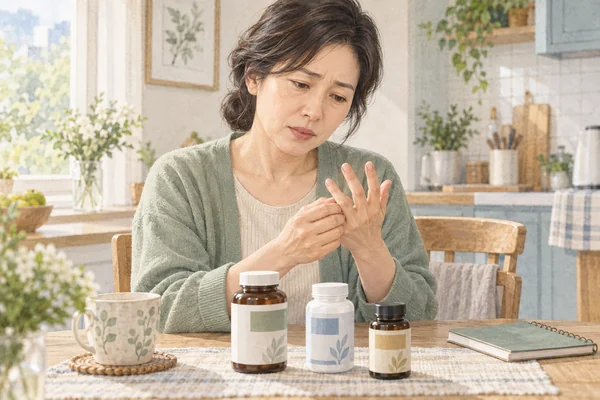 여성이 여러 영양제 용기를 앞에 두고 손끝의 저린 느낌을 살피는 모습