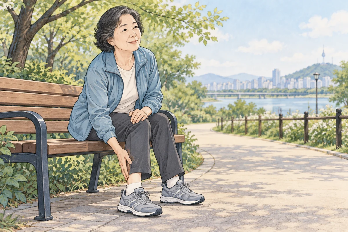 걷다가 다리가 불편해 벤치에서 쉬는 사람
