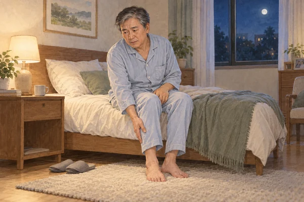 다리 불편감으로 침대 가장자리에 앉아 있는 남성