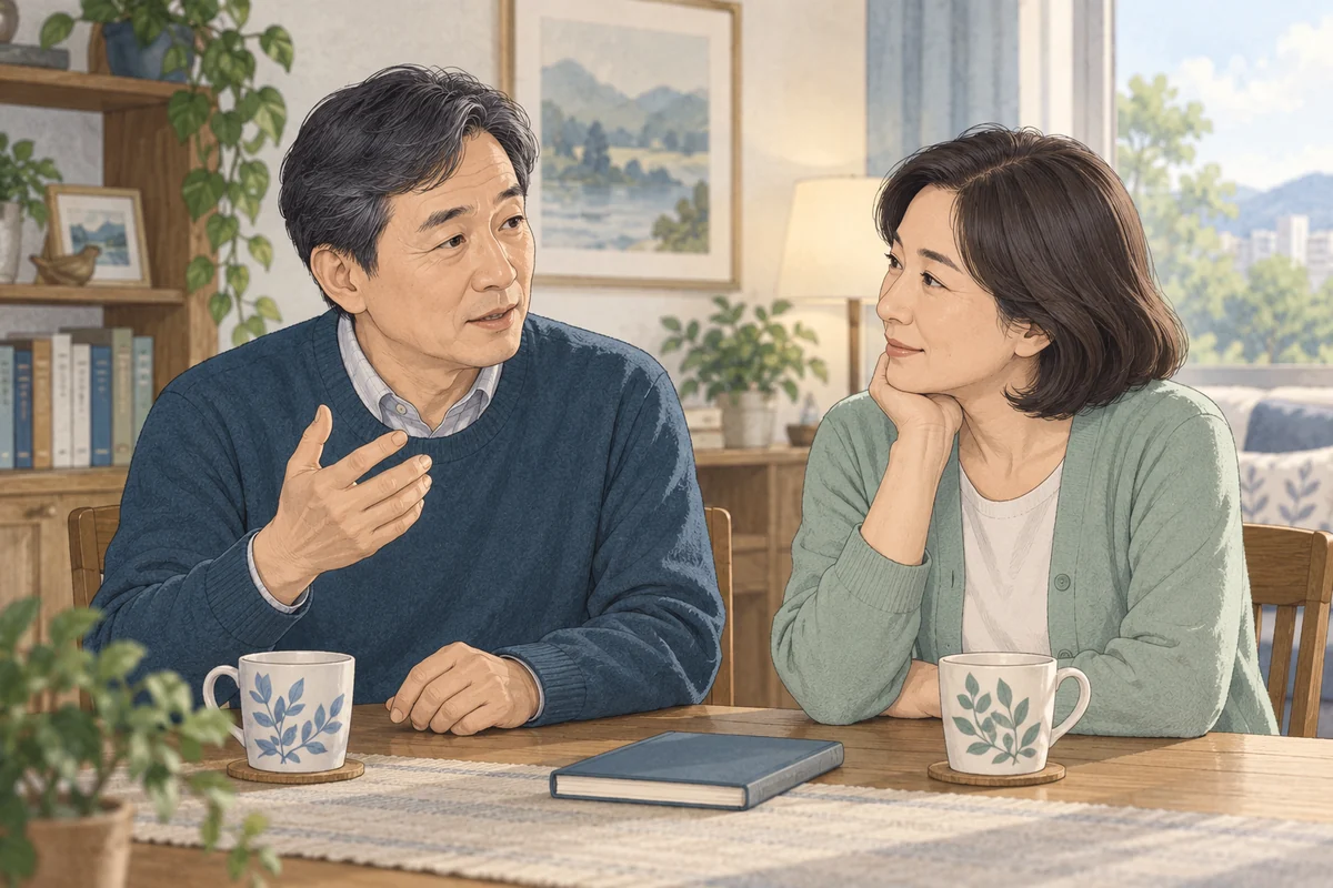 단어가 떠오르지 않을 때 차분히 대화하는 모습