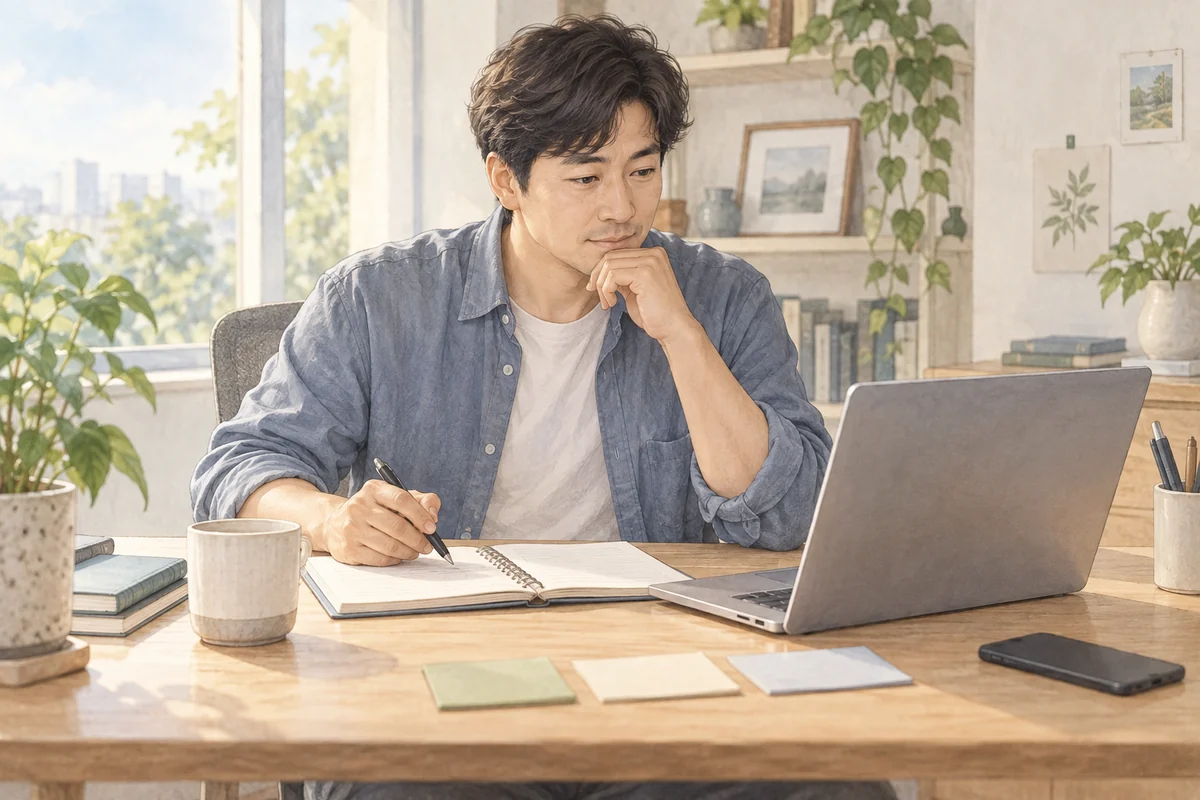 업무 중 노트와 노트북을 번갈아 보며 해야 할 일을 정리하는 성인의 일러스트