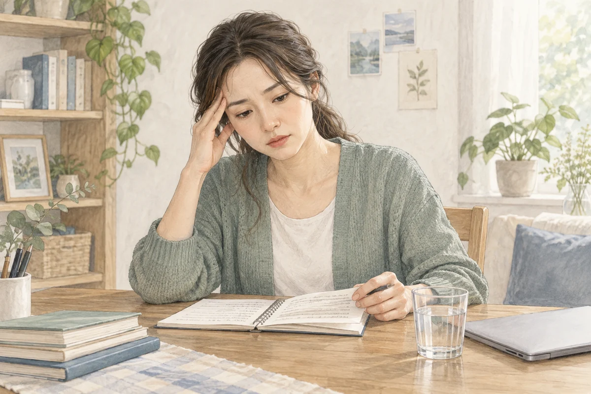 노트를 읽다가 멍함과 생각 정리의 어려움으로 잠시 쉬는 성인의 일러스트
