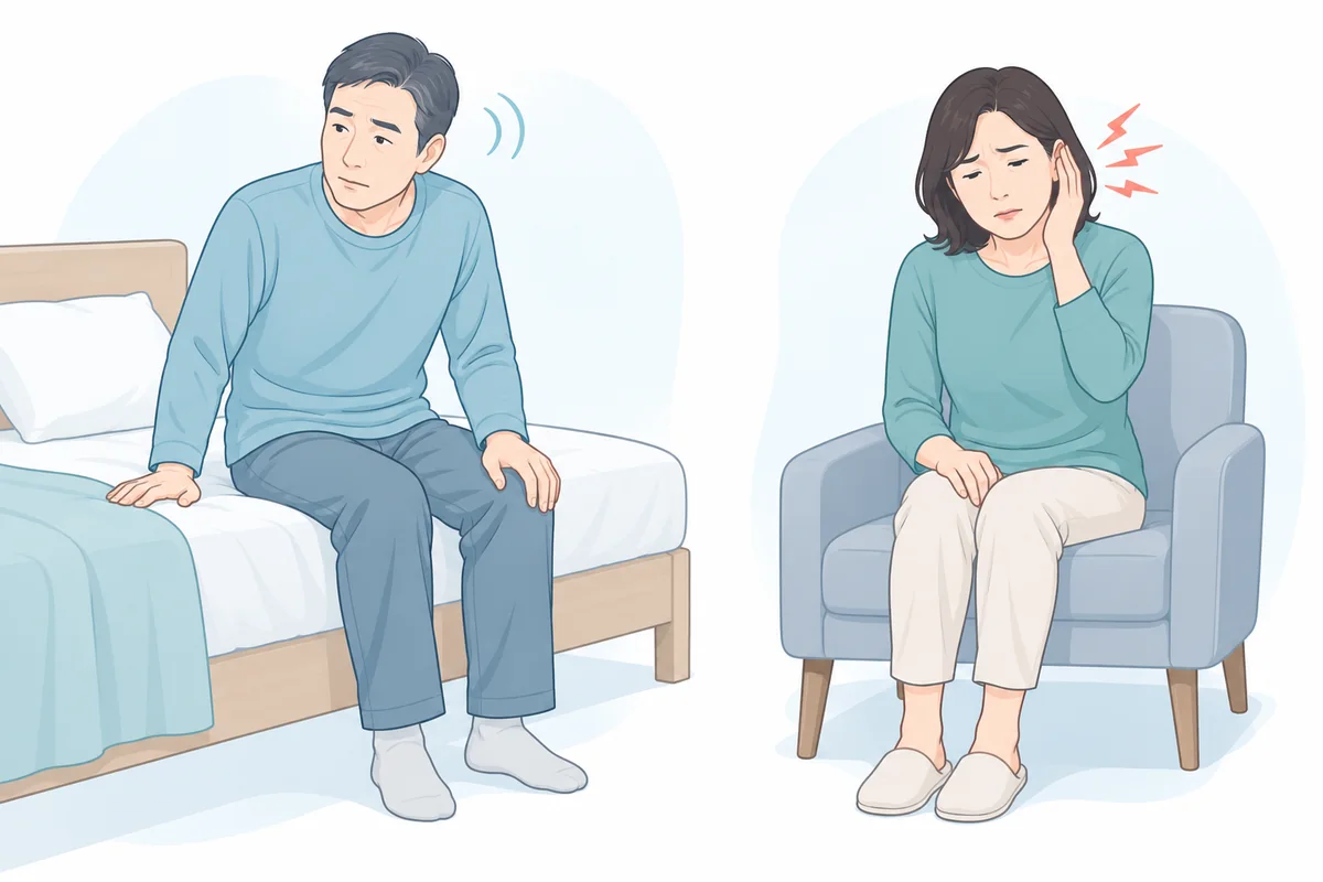 침대에서 일어난 뒤 어지러운 사람과 귀 주변 불편을 느끼는 사람