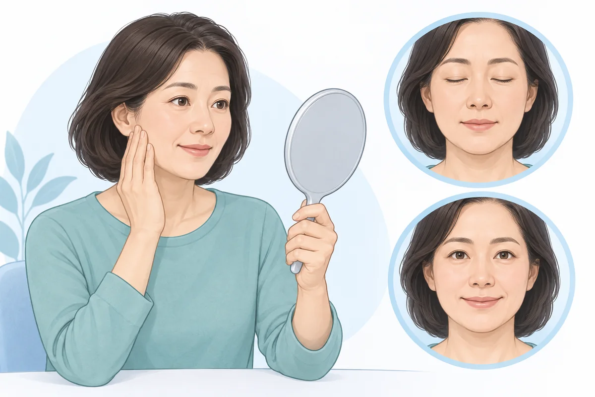 거울을 보며 눈 감기와 미소 짓기 등 얼굴 움직임을 관찰하는 모습