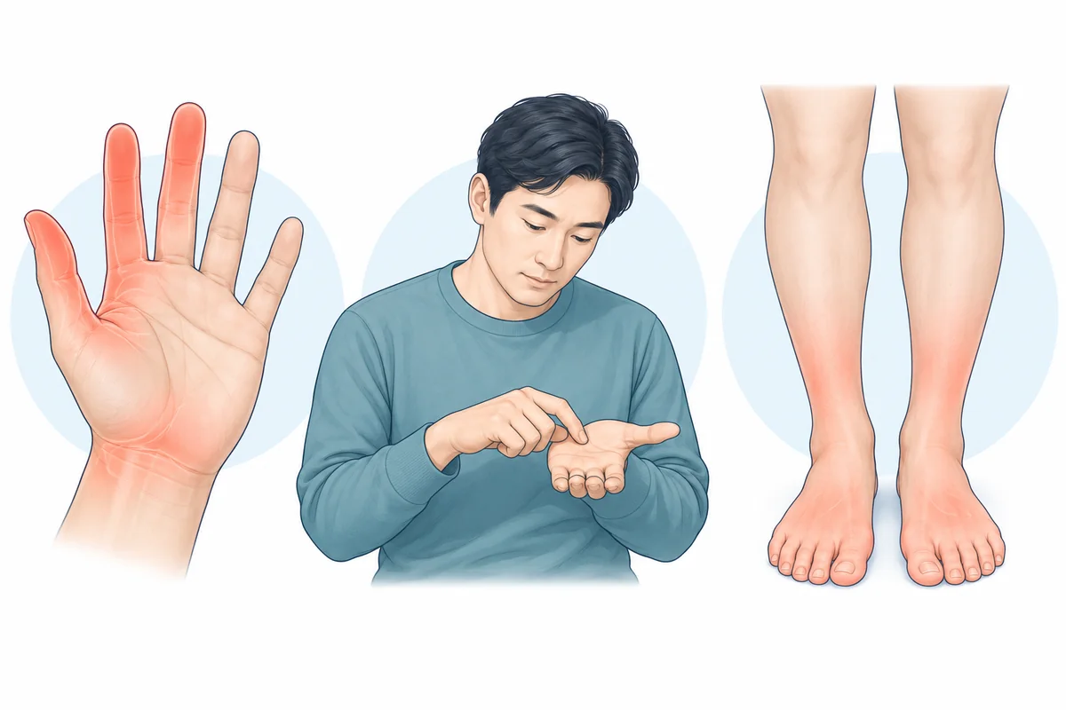 손가락과 발의 감각 변화 및 손의 감각을 살피는 모습