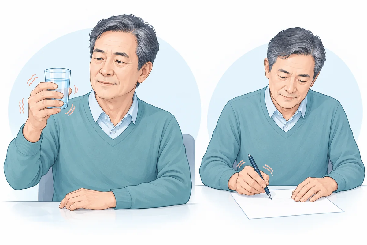 컵을 들거나 글씨를 쓸 때의 손 떨림을 표현한 그림