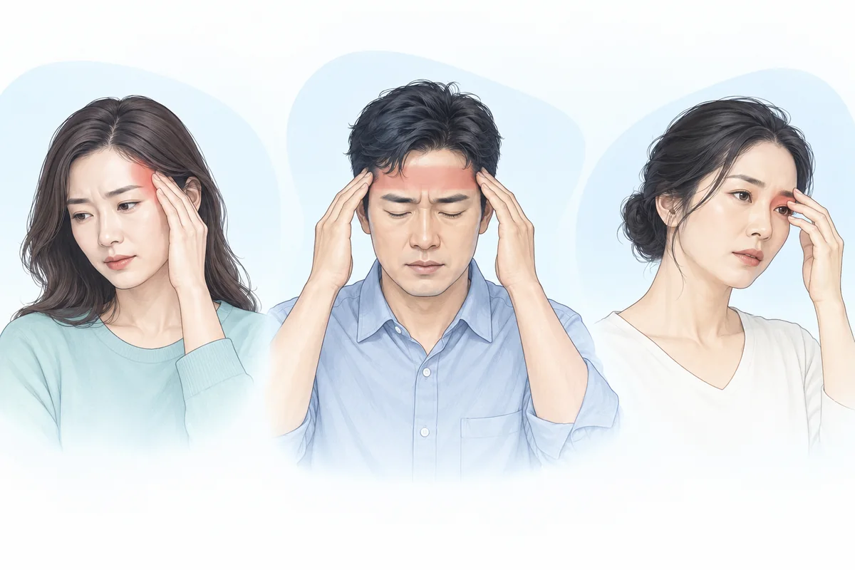 관자놀이, 이마 둘레, 눈 주변에 나타나는 두통 양상을 표현한 그림