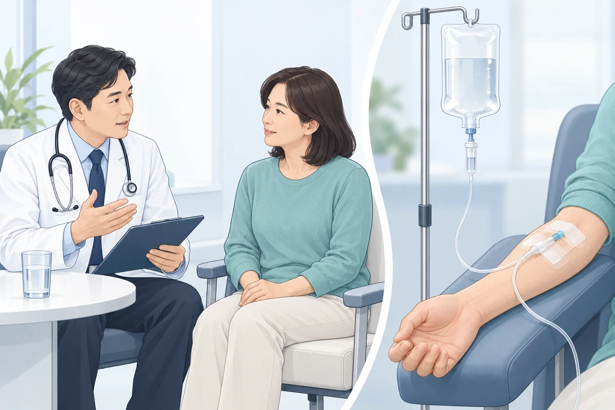 건강 상태를 상담하는 장면과 수액 주입 준비를 표현한 그림