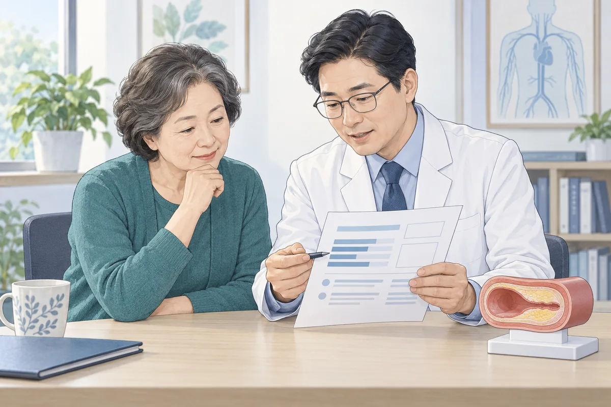 지질검사 결과와 혈관 모형을 보며 상담하는 모습