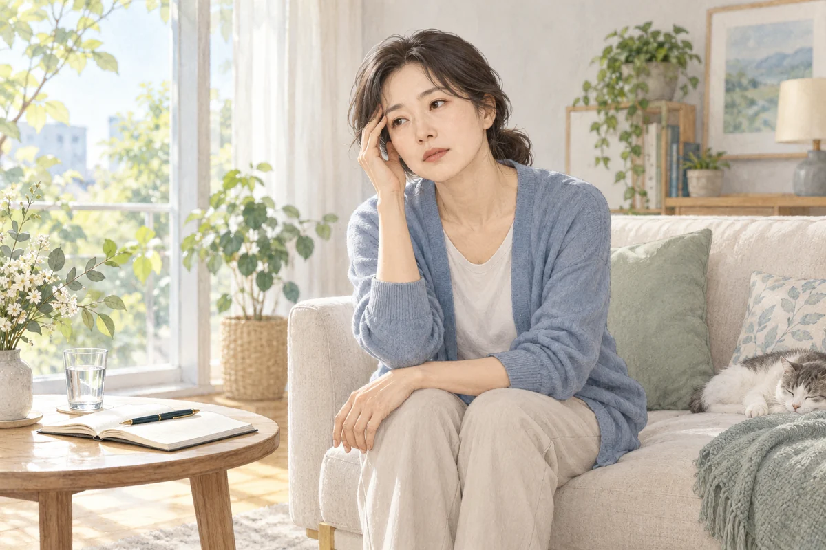 일상 활동 중 피로를 느껴 소파에 앉아 쉬며 활동 기록을 곁에 둔 성인의 일러스트