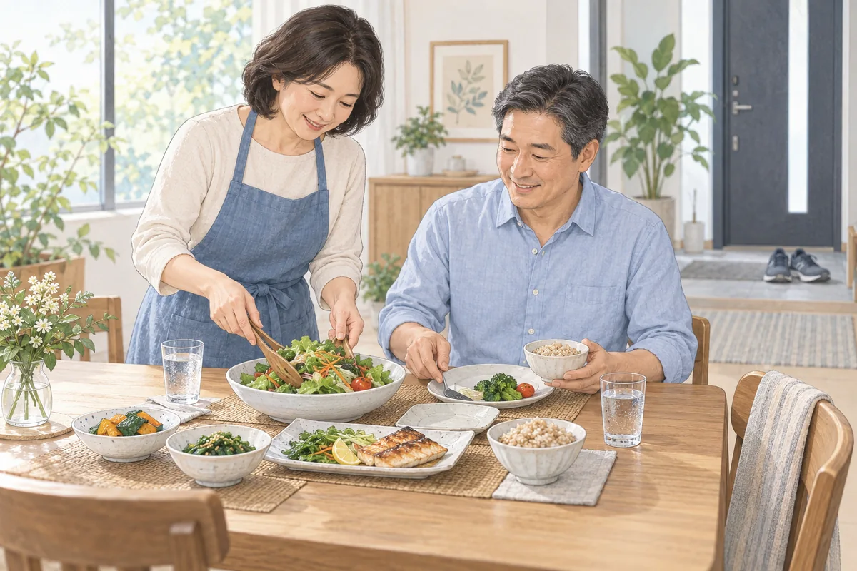 균형 잡힌 식사를 준비하며 생활습관을 관리하는 중년 부부
