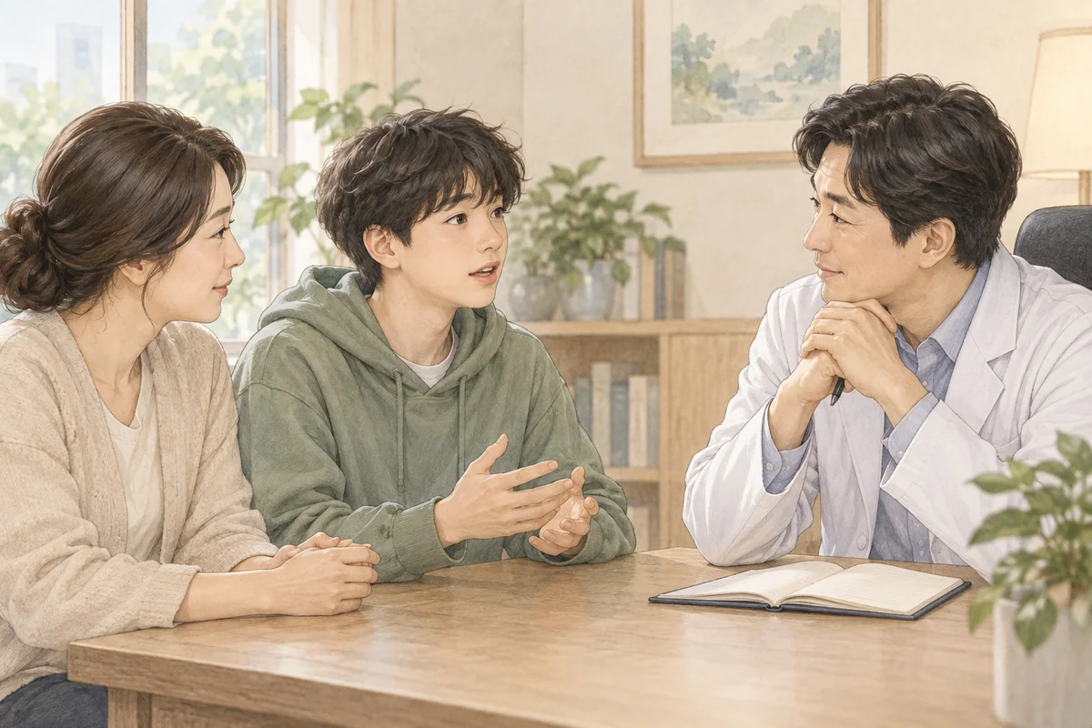 집중의 어려움을 설명하는 청소년의 이야기를 보호자와 의료진이 함께 듣는 일러스트