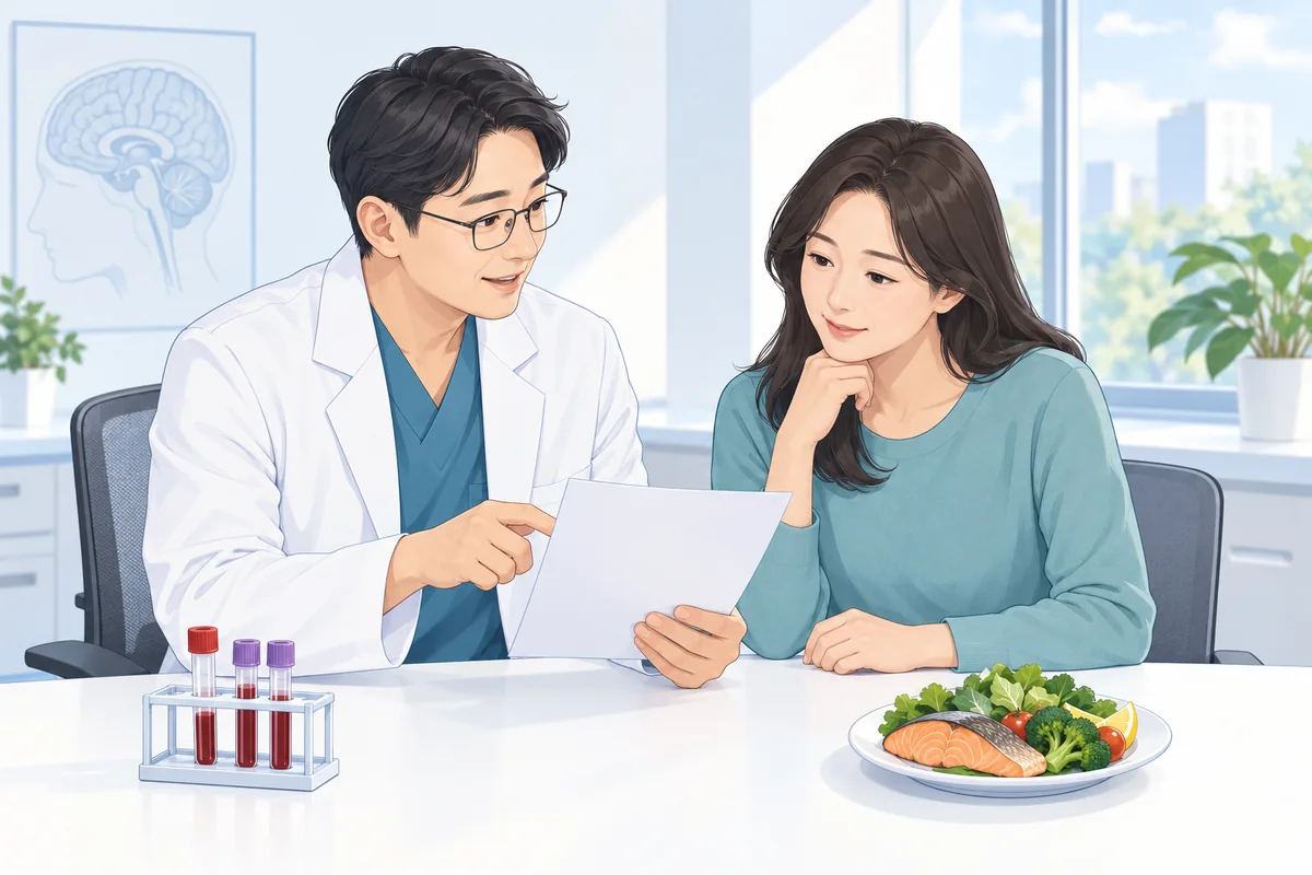 검사 결과와 식사 상태를 함께 확인하는 비타민D 상담의 예시