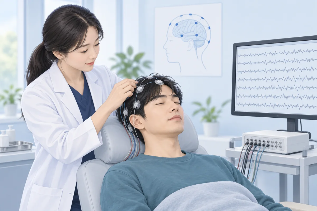 두피 전극을 부착하고 편안하게 뇌파를 기록하는 모습